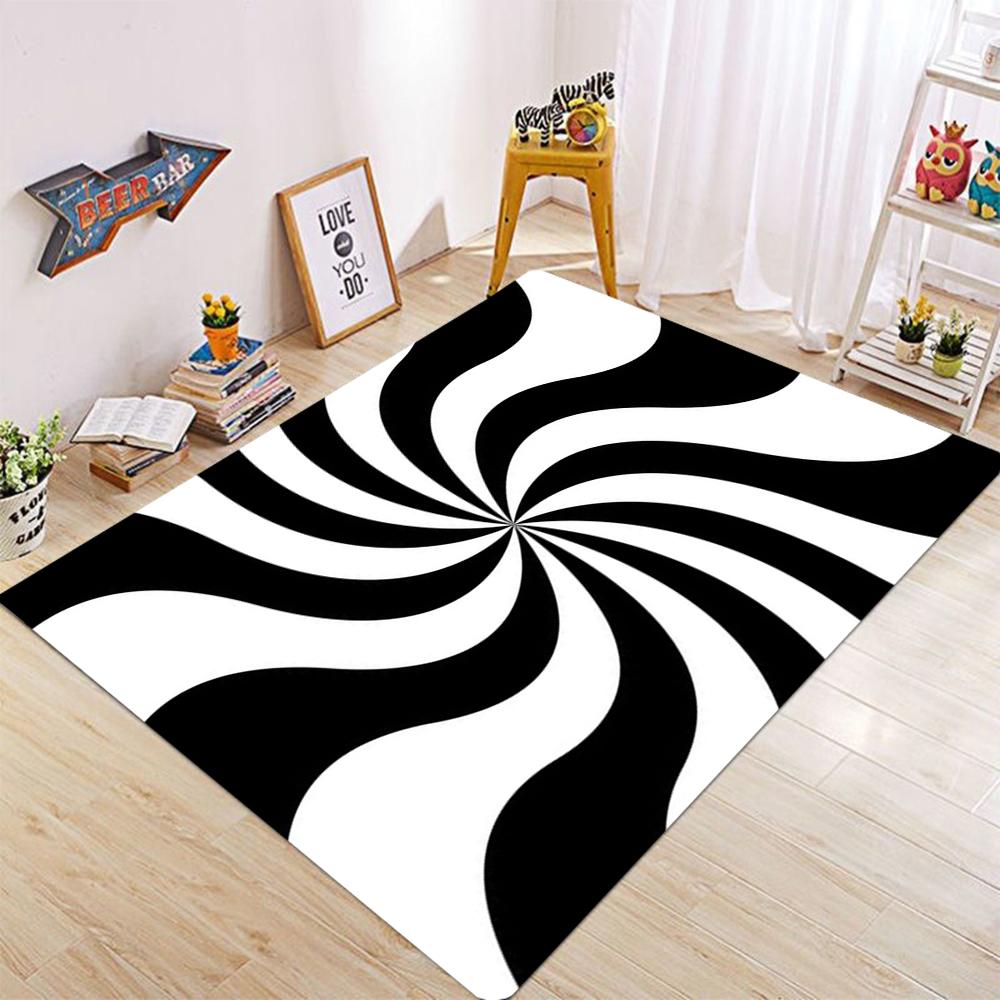 Black and White Intersecting Lines Optical Illusion Carpet Trap Area Anti Slip Square Living Room Short Plush Vortex Carpet