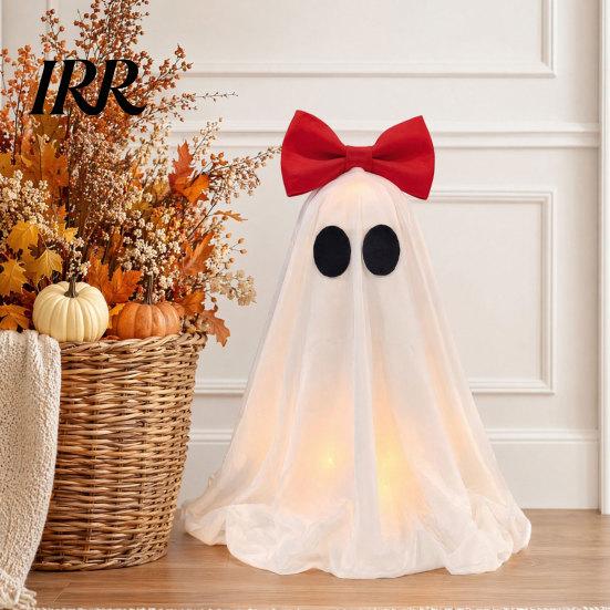 Cute Ghost Halloween Ornament LED Decoration, Pink Bow Tabletop Ornament, Soft Decoration Fabric Haunted House Decor with Warm Glow for Home Flexible