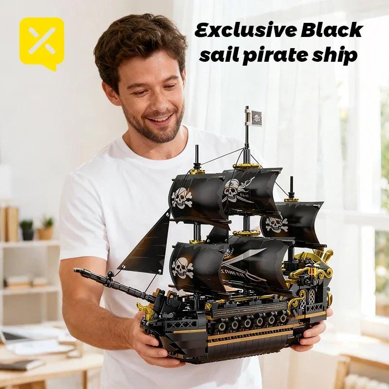 Black Sail Pirate Ship Building Blocks 3-Masted Sailboat Bricks Adult Collectible DIY Assembly Model Display Decoration Toy Gift
