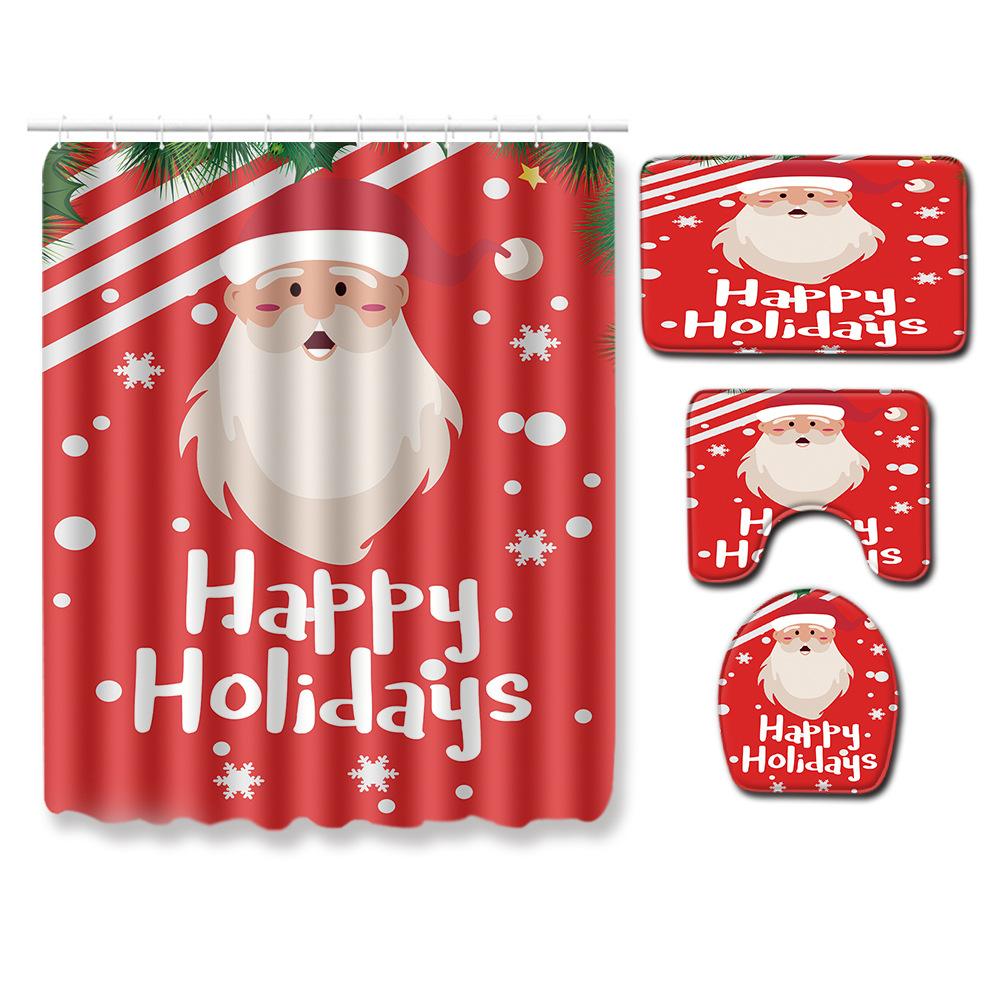 Christmas Shower Curtain Floor Mat Combination Four-Piece Set Bathroom Toilet Carpet Shower Room Mat Foot Mat