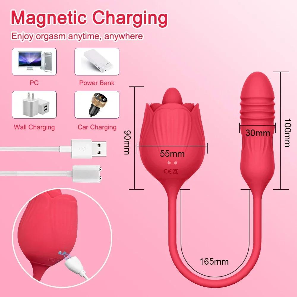 Thrusting Rose-Toy Dildo Vibrator for Women Clitoris Sucker Stimulator Tongue Licking Adults Goods Sucking Sex Toys Female