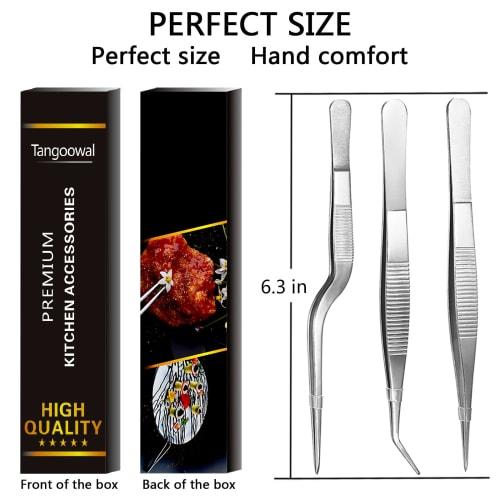 Tangoowal Rivaa Precision Cooking Tongs, 3-Piece Stainless Steel Tweezers for Cooking, Medical, and Beauty (6.3 inches)