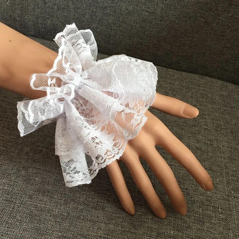 White Fake Cuffs Wristband Accessories 1 Pair Detachable Lace Wrist Cuffs Lolita Sweet Floral Ruffled Elastic Hand Sleeve