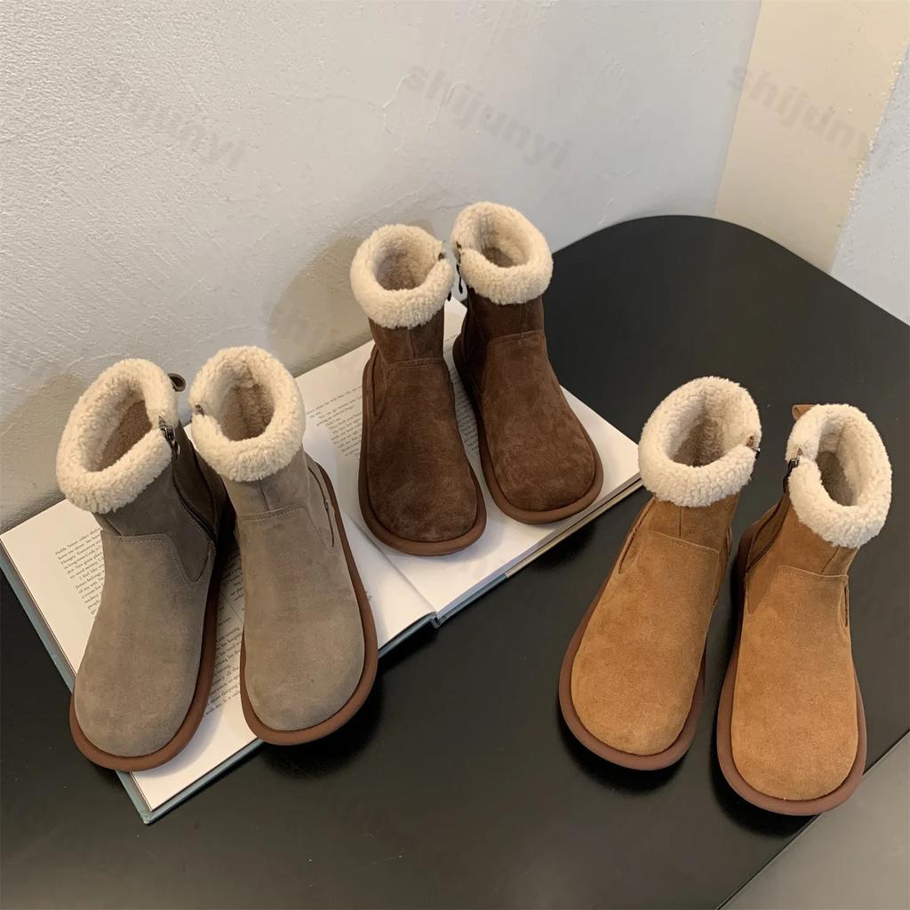 Suede Flat Women Snow Ankle Boots Designer Fur Short Plush Cotton Shoes 2025 Trend Warm Side Zipper Winter Snow Botas De Mujer