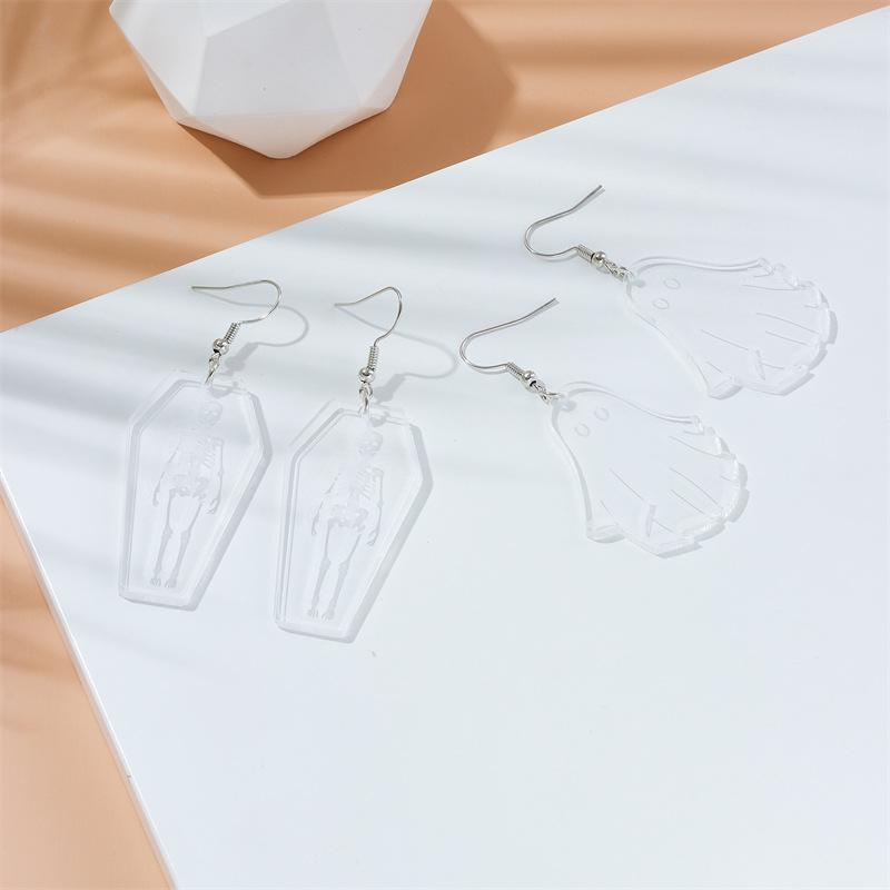 Европейские и американские Хэллоуин Прозрачные акриловые серьги-черепа-призраки Персонализированные серьги-гробы Ужасные серьги-скелеты