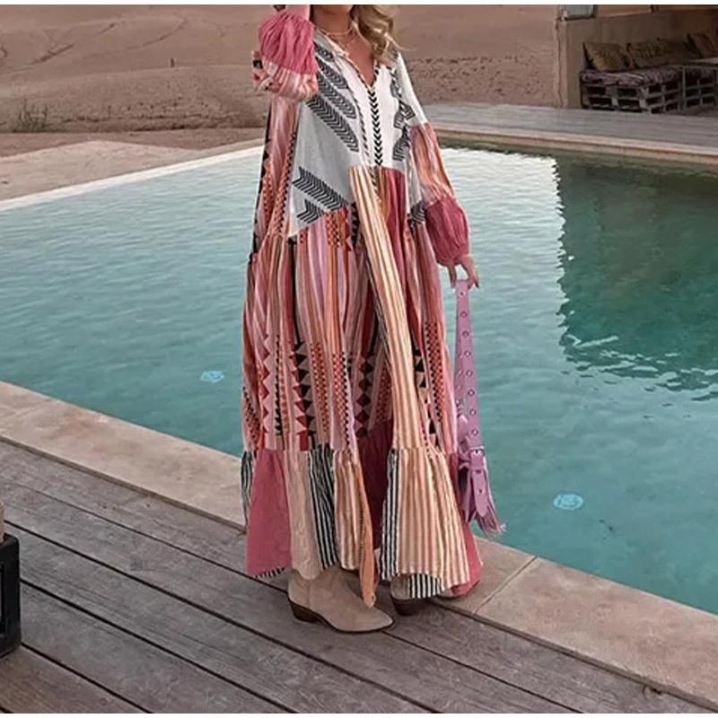 Женское винтажное принтованное этническое платье с длинными рукавами-фонариками для поездок на работу