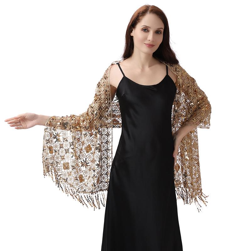 50*180 см с бахромой женский сверкающий кружевной шарф с пайетками, шали, накидки для вечернего платья, сетчатые шали, накидки для вечеринки