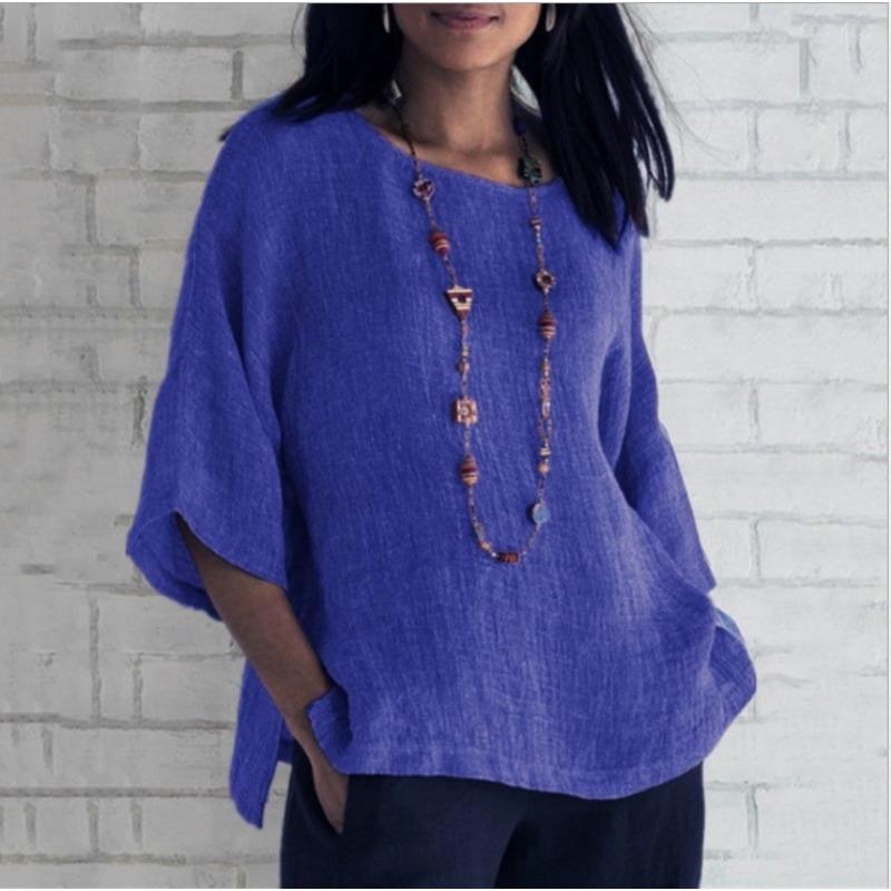 Seven Quarter Sleeve Round Neck Cotton Linen Solid Color Casual Women's Blouses & Shirts