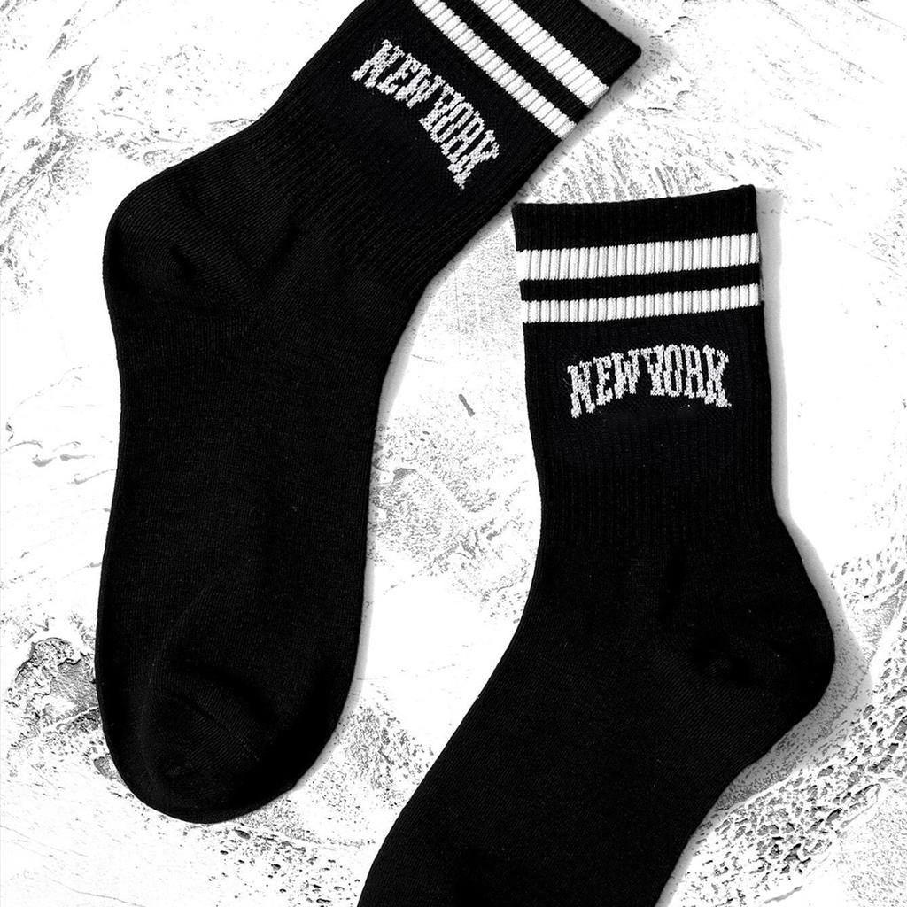 3/5/10 Pairs Women's Crew Socks, Black with "New York" Lettering and Stripes, Comfortable, Breathable, Moisture-Wicking, College