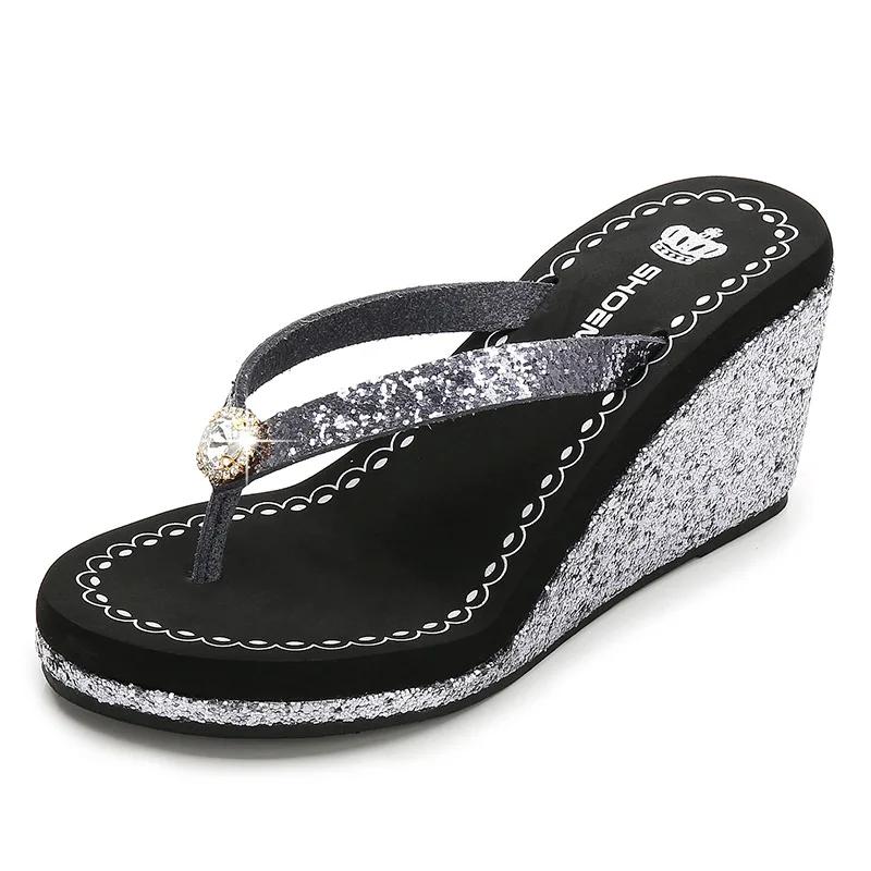 Fashion Summer Platform Women Slippers High Heel Wedges Slides Sequins Rhinestones Ladies Flip Flops Casual Female Sandals Sexy Shoes