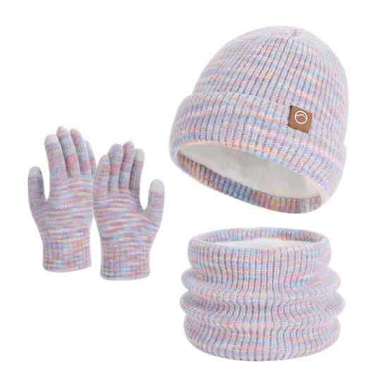 3Pcs/Set Winter Hat Scarf Gloves Set Thickened Velvet Lining Colorful Elastic Fit Knitting Hat Neck Warmer Gloves Set