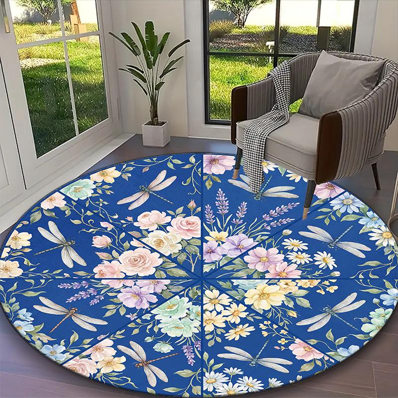 1pc Azure Dragonflies Printed Chair Rug for Home Office Use, Living Room Kitchen Game Room Round Carpet