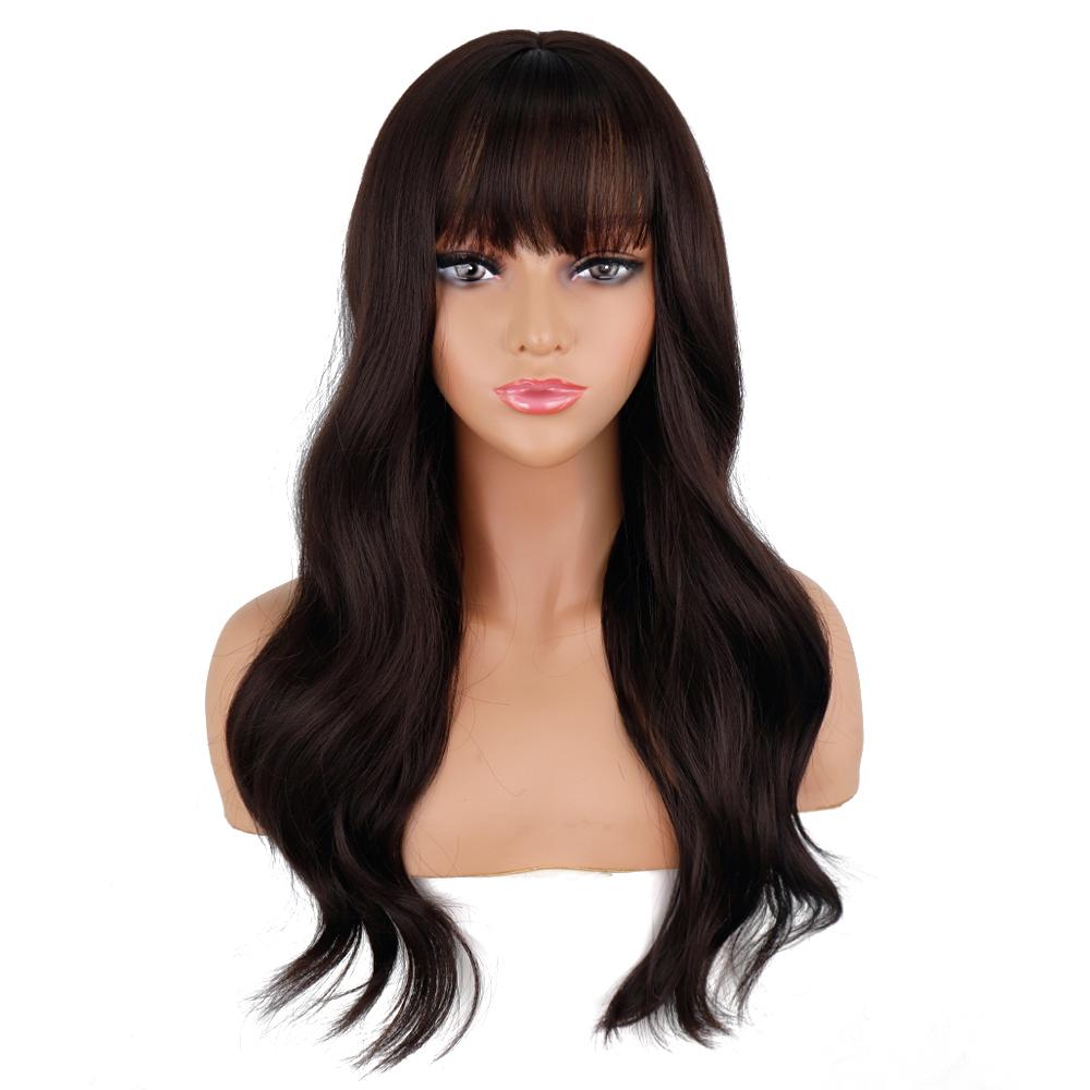 MERISIHAIR Long Black Synthetic Wigs with Bangs Water Wave Heat Resistant Fiber Wig for Women Natural Wavy Wig Daily Wear
