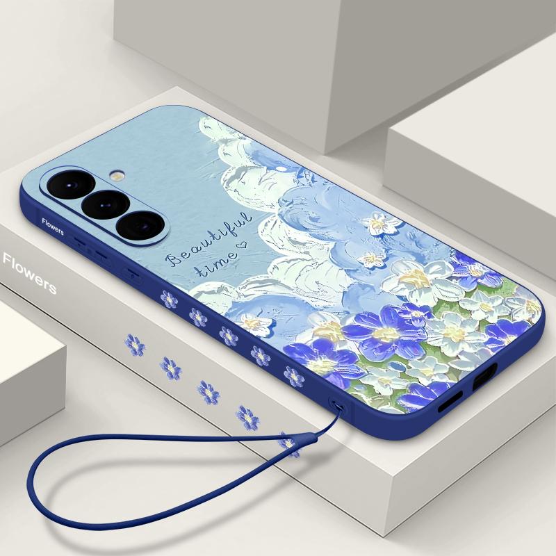 Синий цветочный масляный рисунок Чехол для телефона для Samsung Galaxy с надписью 'Прекрасное время' и ремешком