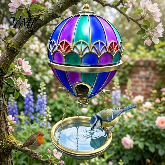 Bird Bath Feeder Hot Air Balloon Feeder, Retro Stained Glass Art with Water Patio Tray, Hanging for Outdoor Garden Backyard Feeding Station