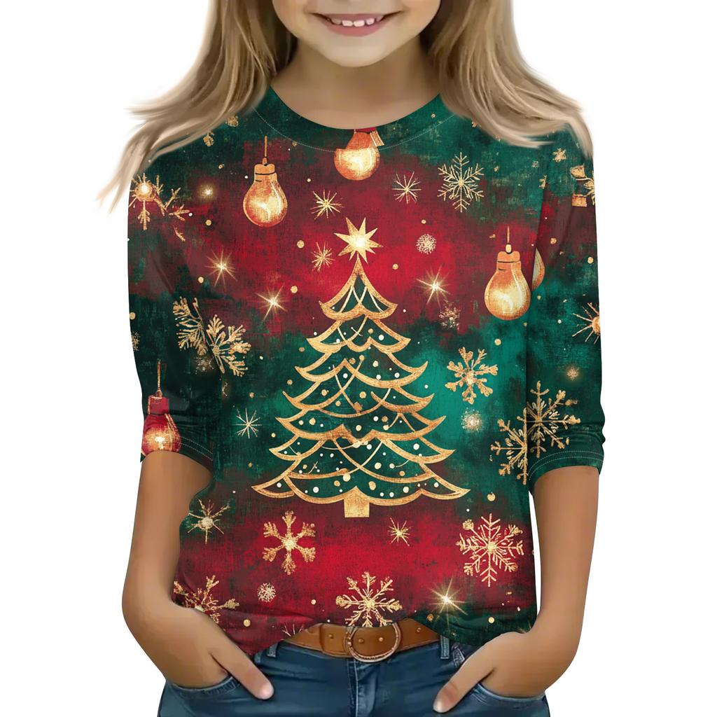 Christmas Day Print Tops For Youth Girls 4-11 Years Round Neck 3/4 Sleeves T-Shirts Trendy Tops Outfit Tees