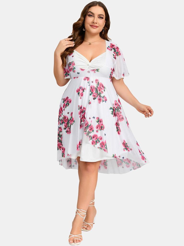 Rosegal Plus Size Twist Lace Trim Belt Layered Flower Print Dress (Adjustable Shoulder Strap)