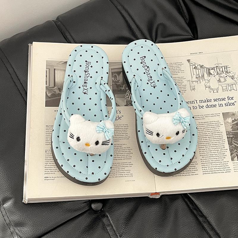 Fashion Versatile Polka Dot Kitten Flat Flip-flops Women Wear Cute Cartoon Non-slip Foot-pinch Thick-soled Sandals In Summer