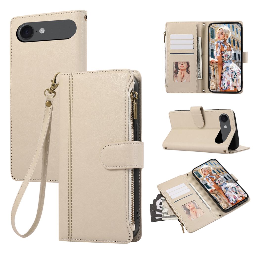 For iPhone 17 Air Case Multi Card Slots Zipper Leather Phone Cover with Wrist Strap