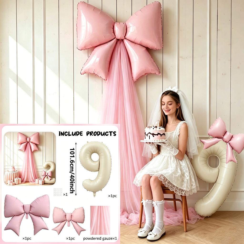 5-Piece DIY Bowknot Birthday Background Decoration Balloon Set Includes 40inch Cream White Number Foil Balloons 0-9 Light Pink Bowknot Balloons with