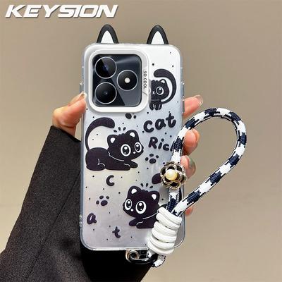 KEYSION Милый мультяшный чехол с ушками для Realme C53 C51 со шнурком Мягкий силикон+ПК Противоударный чехол для телефона для OPPO Realme Note 50