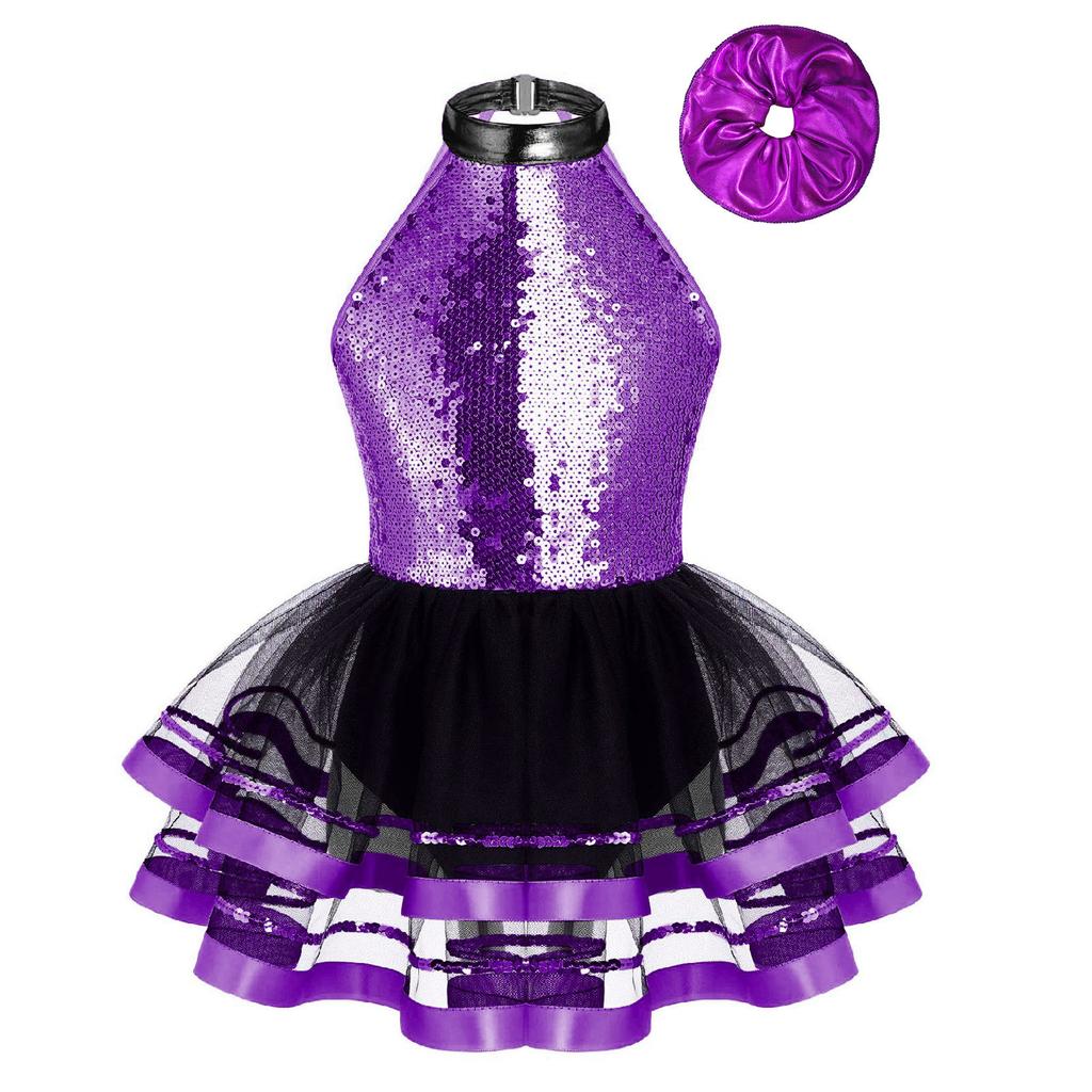Girls Dance Performance Dress Halter Sleeveless Backless Design Sparkling Sequins Decorated Tutu Costume