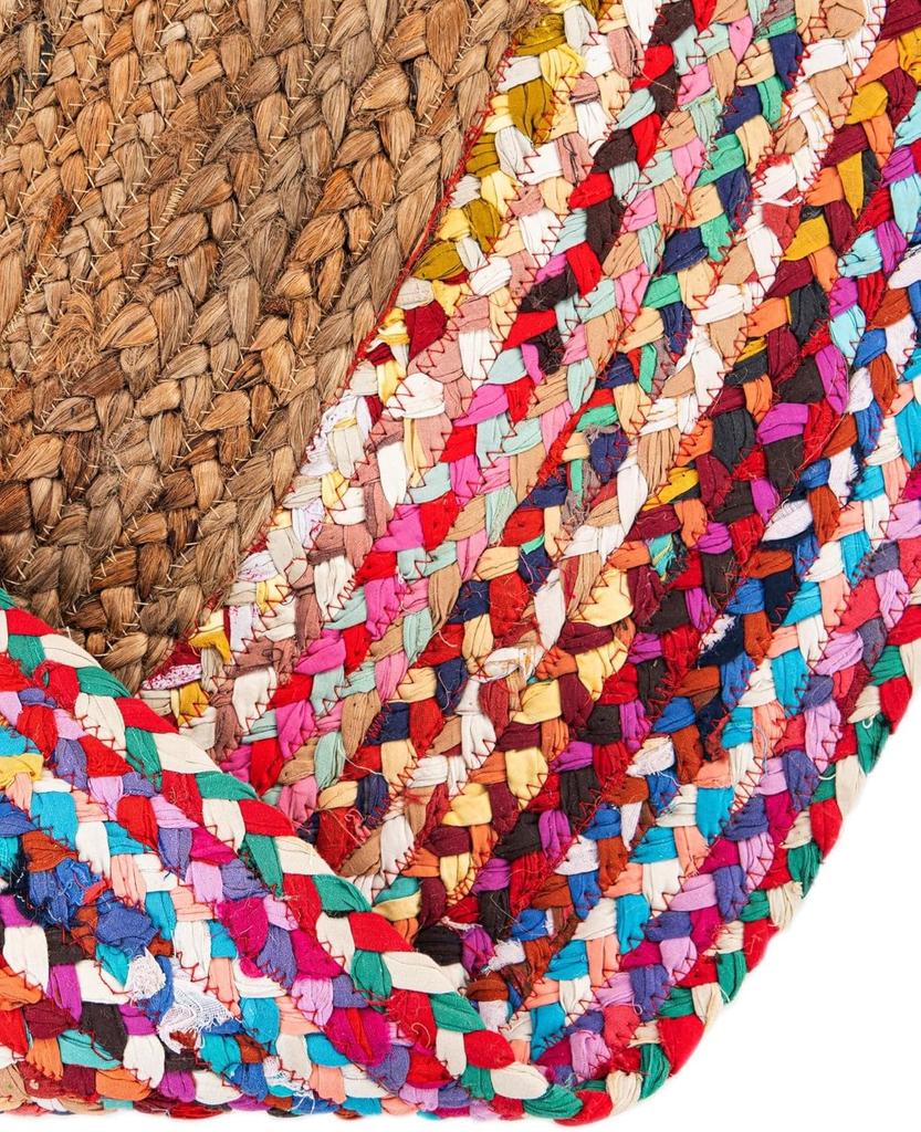 Aizza Trends Indian Handmade Braided Multi Cotton Border with Inner Natural Jute Area Rug- Jute Rug- Dining Room- Living Room