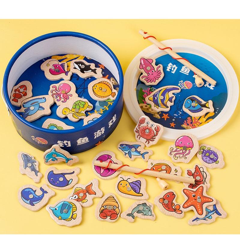 Educational Wooden Magnetic Fishing Game For Children Ocean Animal Cognition And Parent-child Interactive Toy