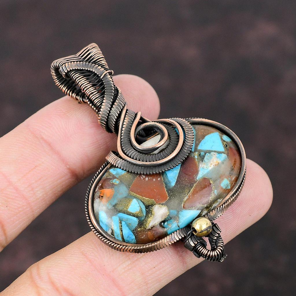 Колючая устрица Медь Бирюза Кулон Медная проволока Обернутый драгоценный камень Кулон ручной работы Ювелирные изделия Обернутый кулон для подарка Медь Дизайнерские украшения