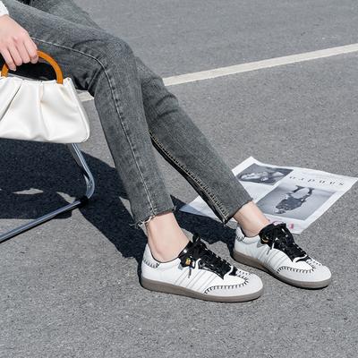 Ретро немецкие кроссовки женские из натуральной кожи 2025 новые спортивные и повседневные универсальные контрастные цвета вышитые строчки черно-белые белые