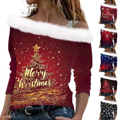 Женские топы с длинным рукавом, модные женские свободные пуловеры с рождественским принтом и открытыми плечами