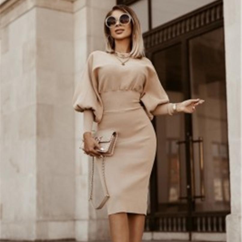 Женское зимнее платье-карандаш 2025 | Однотонное с рукавами-фонариками и приталенное | Осеннее облегающее платье-бодикон - Теплая юбка-карандаш (S-3XL)