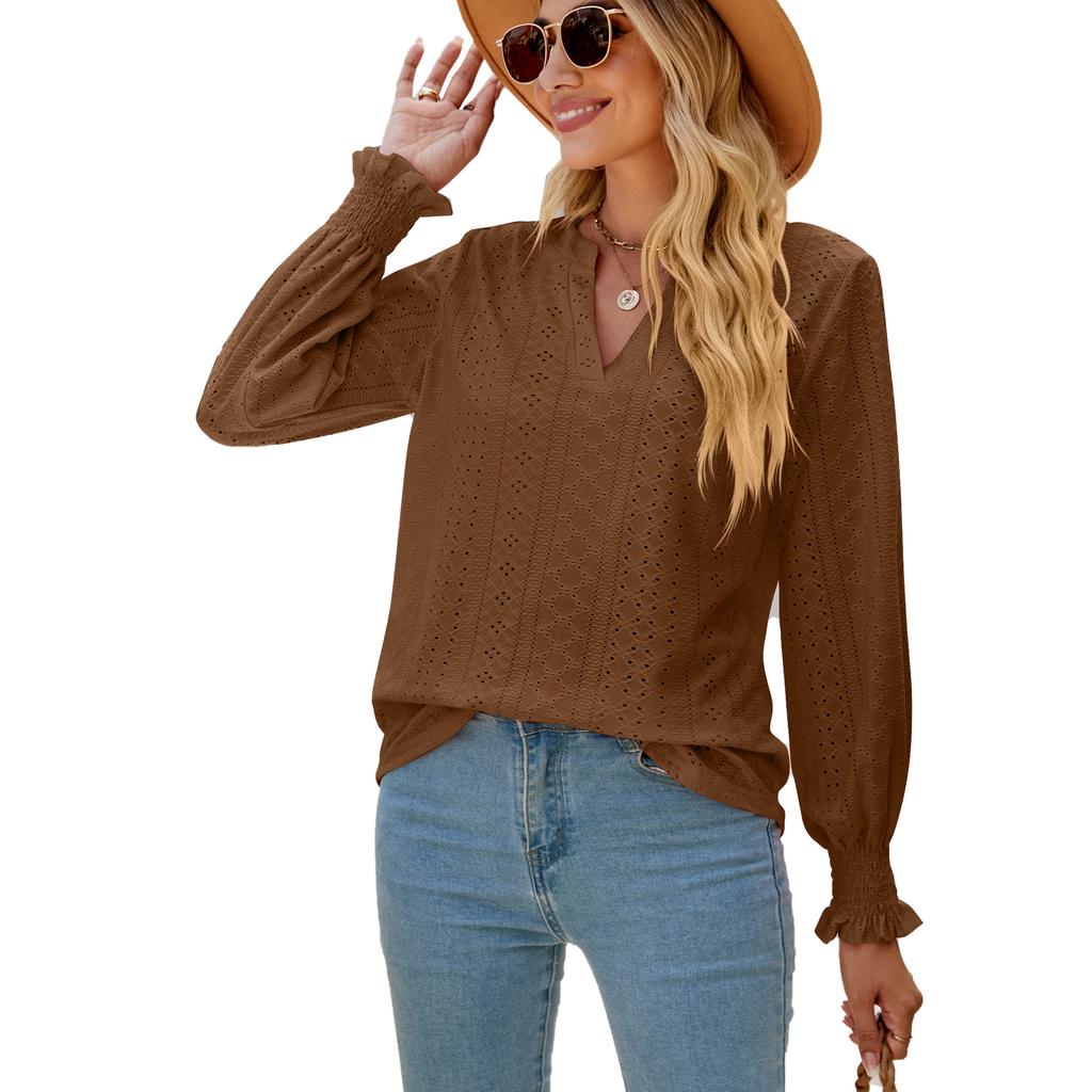 New Ladies Solid Color V-neck Casual Temperament Ladies Top Fashion Ladies Long Sleeves