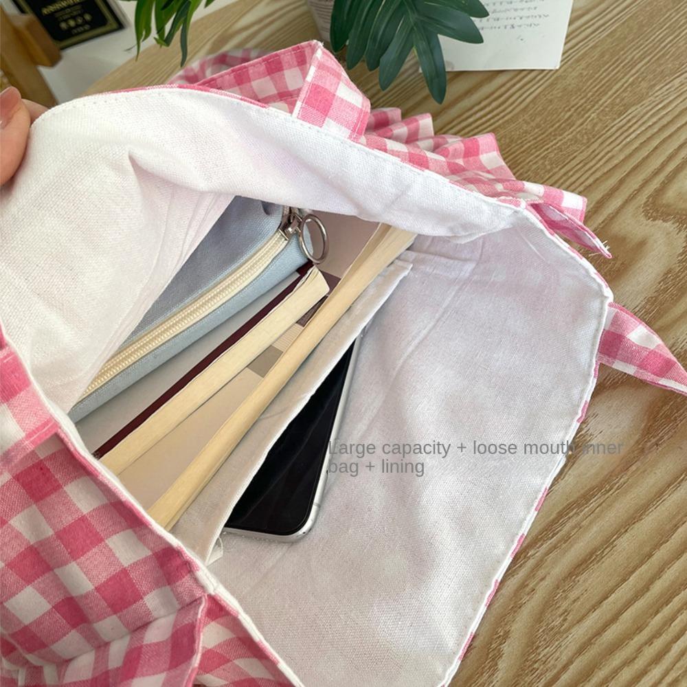 Large Capacity Plaid Cotton Handbag Sweet Tote Bag Ins Lace Pillow Bag Outdoor