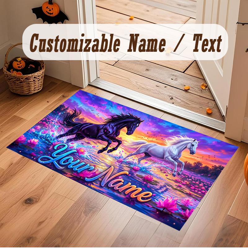 Horse Theme Soft Crystal Velvet Rug Custom Name & Text Print Non Slip Floor Rug for Bedroom Living Room