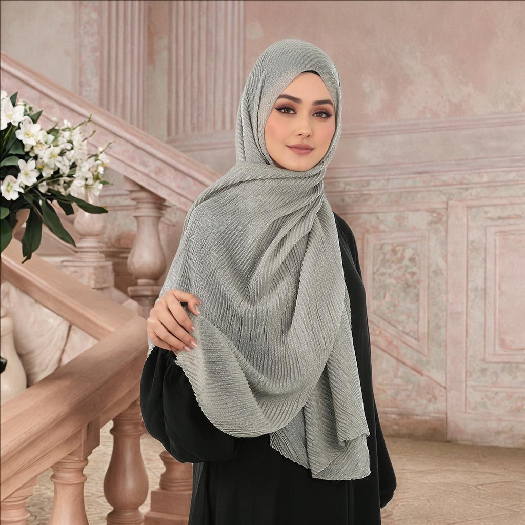 Big Size Pleated Shimmer Cotton Hijab Scarf For Women Muslim Long Shawls Solid Headscarf Wraps Islamic Headband Turban 180*90cm