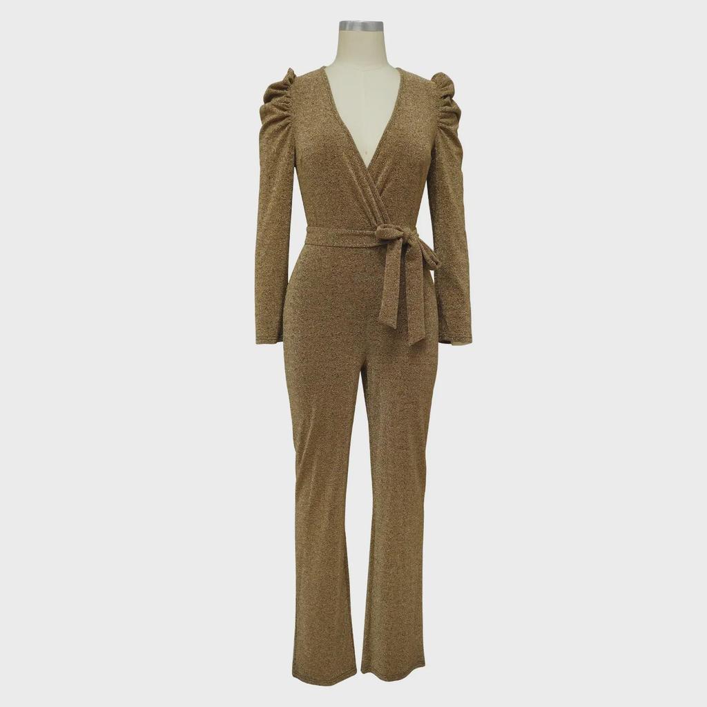 European & American Women's Sexy V-Neck Puff Sleeve Shiny Knit Jumpsuit