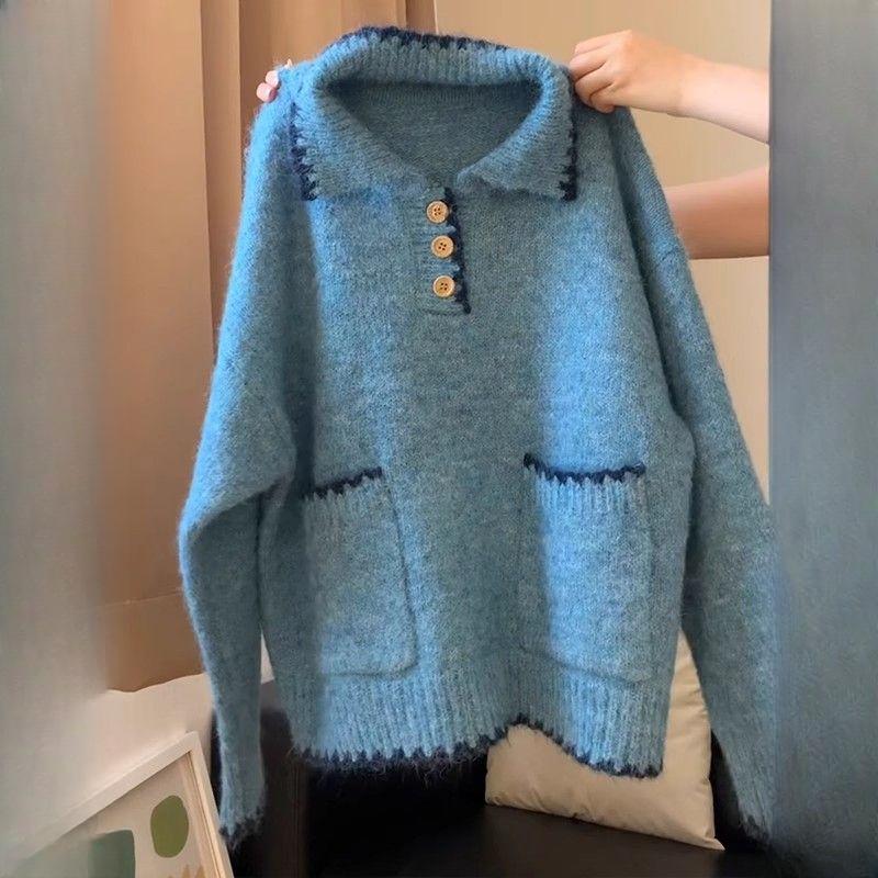 Ретро свитер с минималистичным сладким колор-блоком, кружевным воротником поло, ленивый, стройнящий, повседневный, универсальный трикотаж