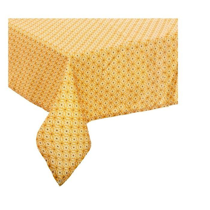 Nappe rectangulaire - Imprimée floral géométrique - 140 x 240 cm - Jaune moutarde et blanc - Anti-tache