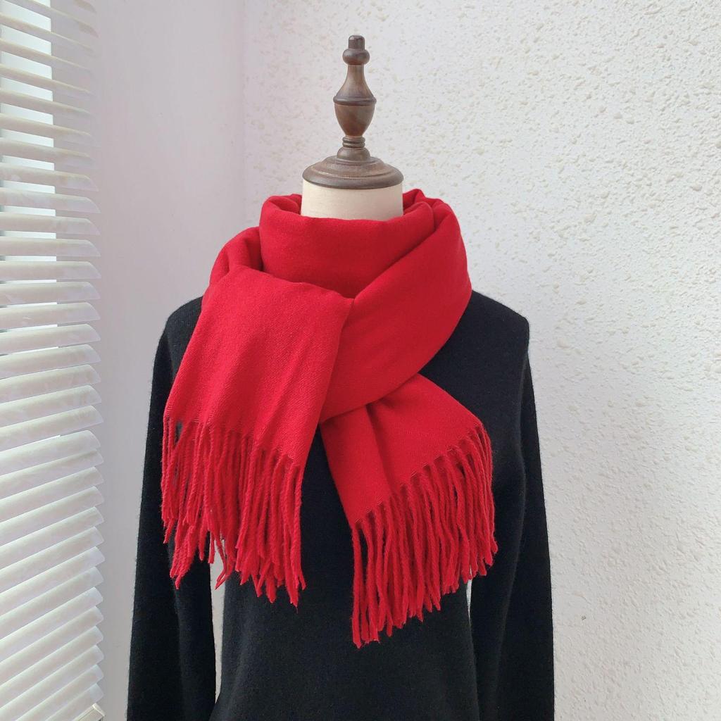 Роскошный шарф из имитации кашемира с кисточками, однотонный красный для женщин - корейский стиль, зимний универсальный, элегантный