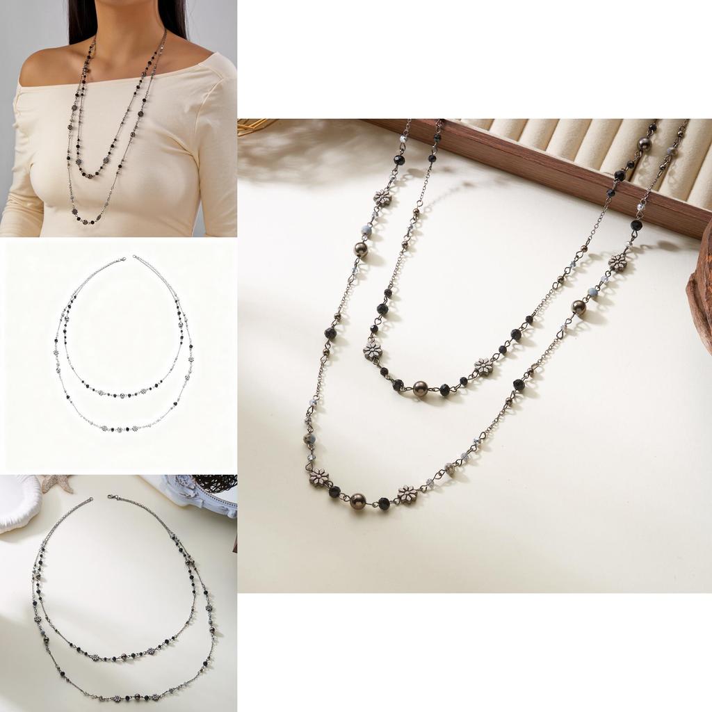 Trendy Double Chain Floral Pendant Necklace For Women Long Layered Summer Accessory