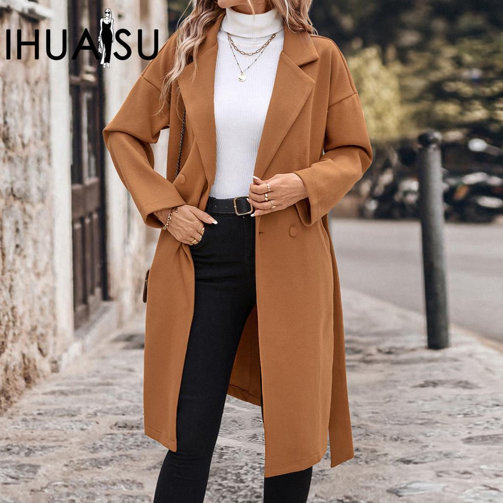IHUASU Autumn and Winter Women's Lace-up Lengthened Solid Colour Tweed Jacket
