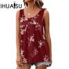 Spring Summer Women's Print Round Neck Twist Button Sleeveless Vest Women's Top