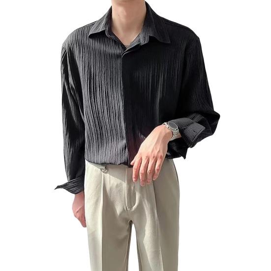 Летняя мужская рубашка с отложным воротником и длинными рукавами, плиссированный однобортный свободный однотонный кардиган на пуговицах, тонкий деловой офис