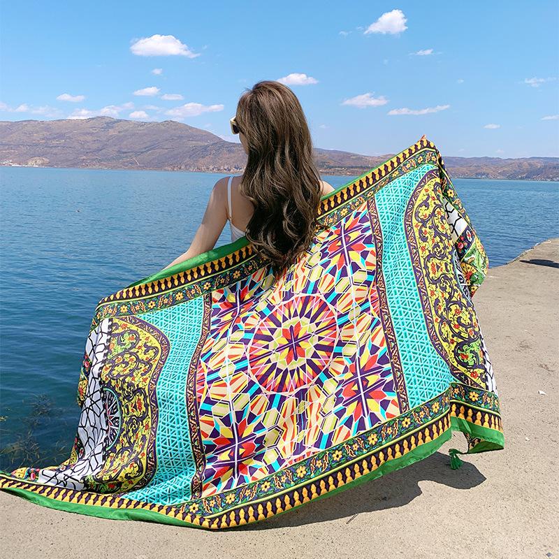 Summer cotton and linen feel scarf travel silk scarf sun protection air conditioner large shawl women's beach towel ethnic style scarf