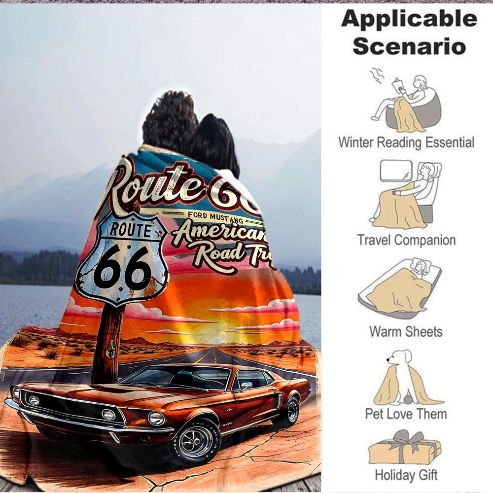 1pc Route 66 Flannel Blanket [Cozy Throw Blanket] For Sofa, Bed, Travel, Camping, Livingroom, Office, Couch, Chair, And Bed