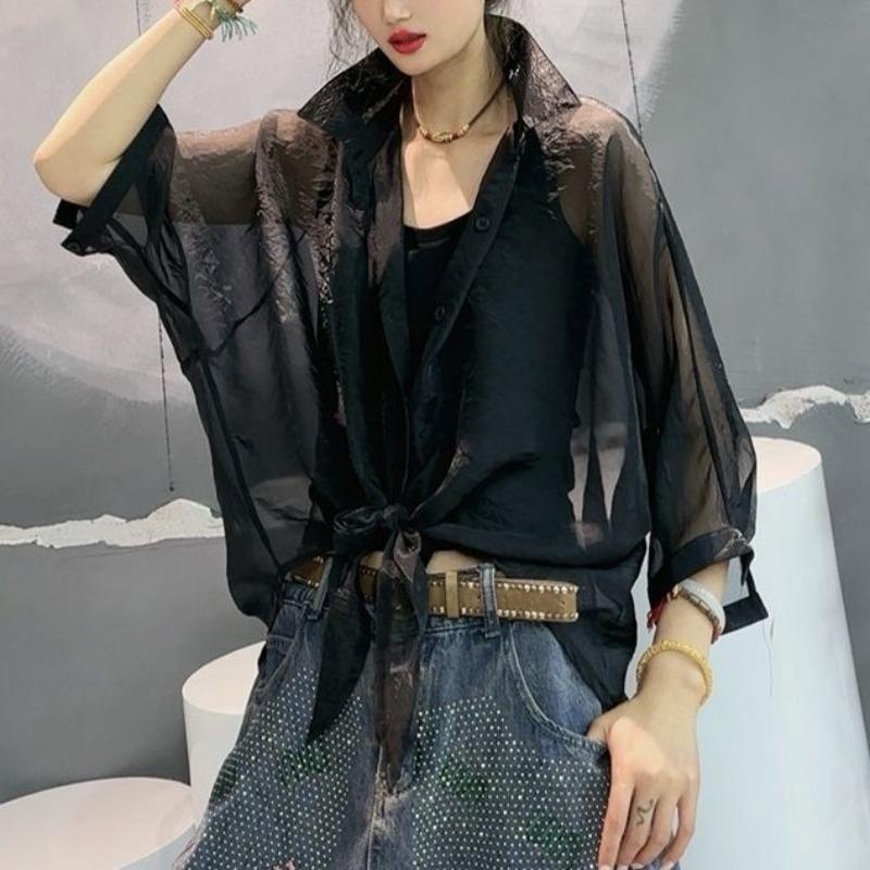 Women's Fashion Sunscreen Clothing 2024 Summer New Thin Blouses Loose Solid All-match Polo Neck Button Bandage 3/4 Sleeve Shirts