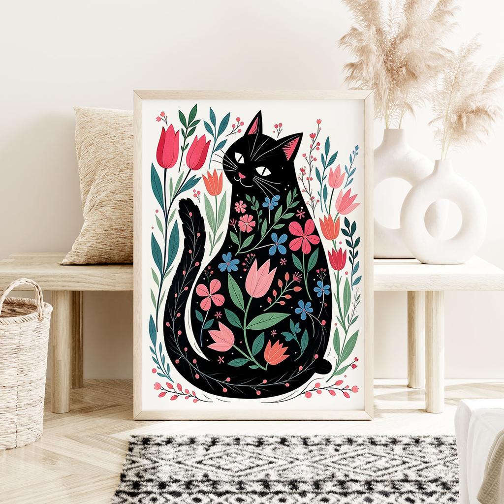 Plakat ilustracja kot w kwiatach