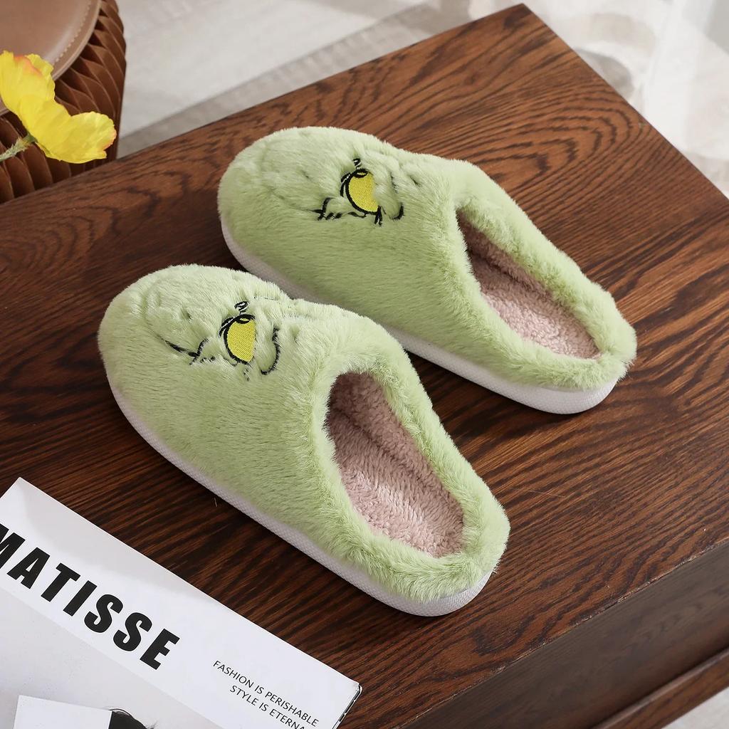 2024 Women Plush Slippers Autumn Winter Warm Funny Green Haired Monster Shoes Cute Fluffy House Non Slip Couples Cotten Slippers