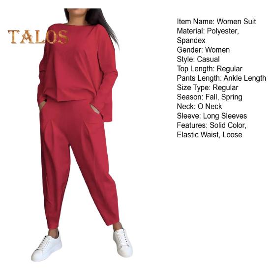 Комплект из 2 предметов: осенне-весенний женский топ, брюки, футболка с длинными рукавами и круглым вырезом, брюки с эластичной резинкой на талии и боковыми карманами, спортивный брючный костюм для поездок на работу